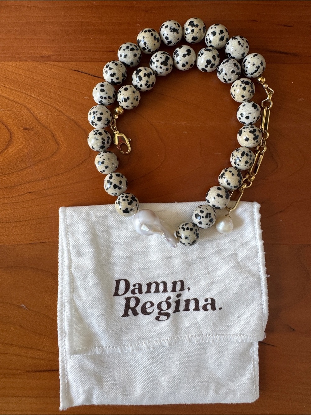 Dalmation Jasper Beaded Necklace with Baroque Pearl Accent - Damn Regina
